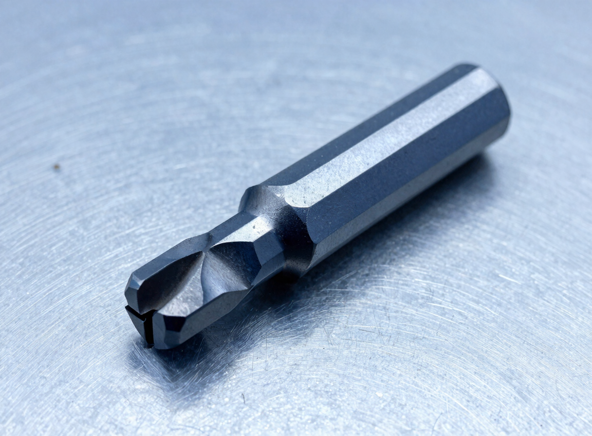 Precision carbide reamer tool with straight flutes, resting on a clean metallic surface, cool-toned industrial studio lighting