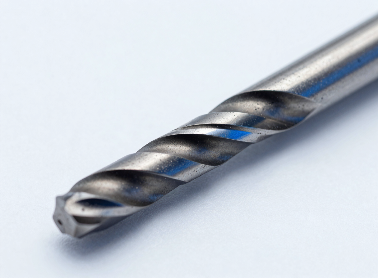 Macro studio shot of a solid carbide drill bit, silver flutes reflecting cool blue light, sharp cutting edges, high contrast