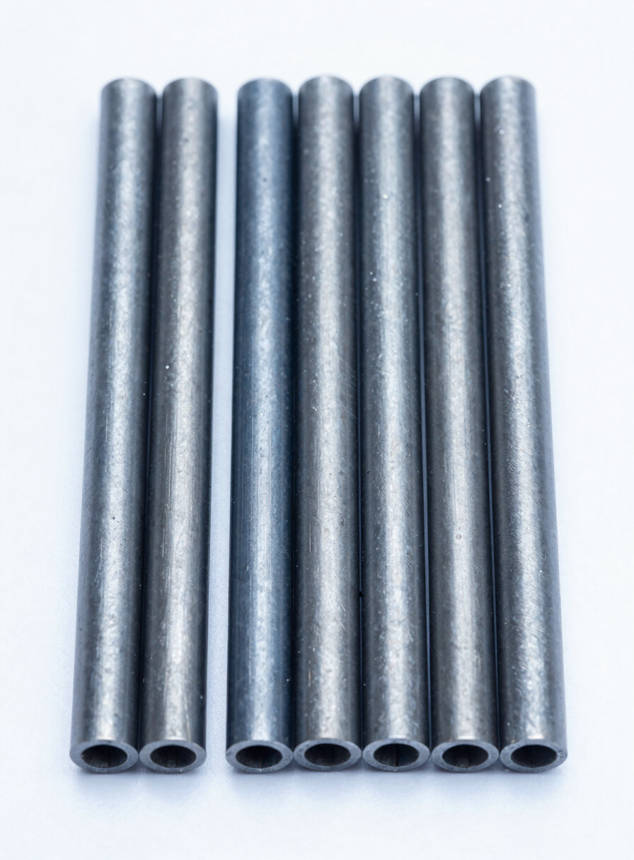 A neat geometric row of raw cylindrical grey carbide rods of varying diameters, cool metallic studio lighting, clean white background.
