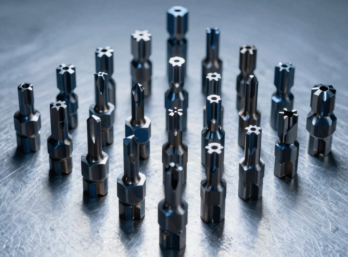 Finished CNC tool holders arranged in a precise geometric pattern on a clean metallic surface, cool studio lighting