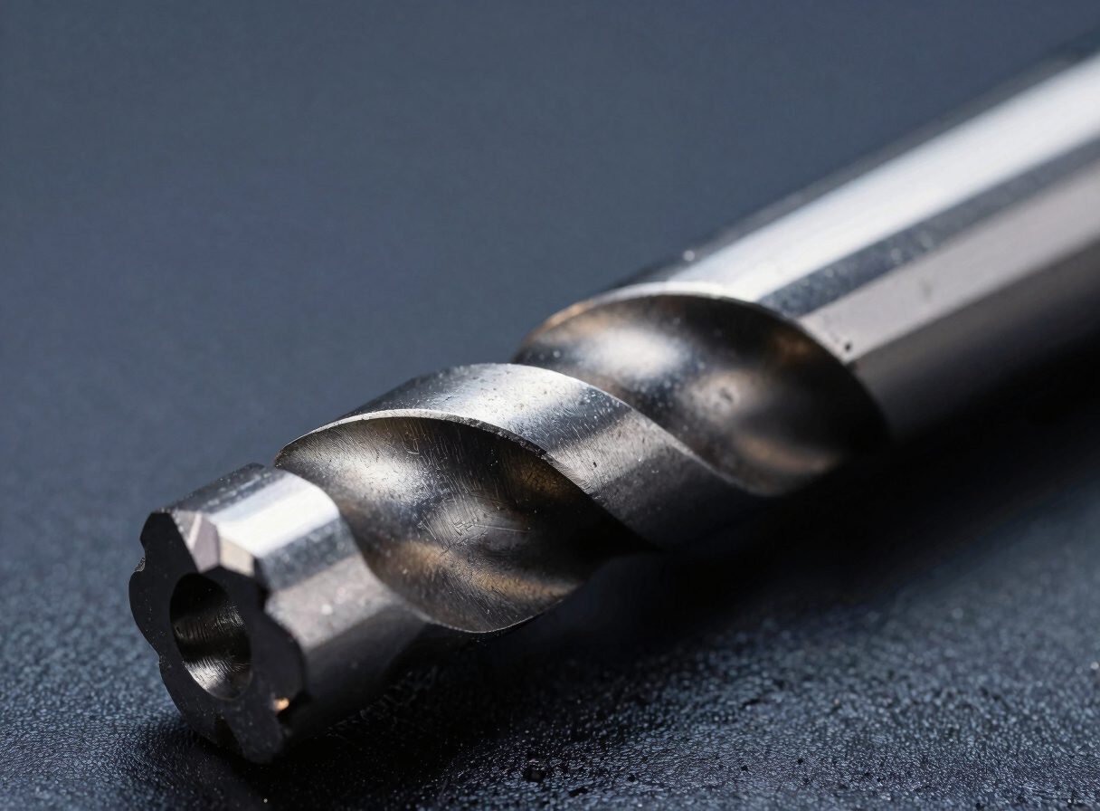 Macro shot of a solid carbide drill bit, dual internal coolant holes, metallic silver finish with AlTiN coating highlights, high-contrast