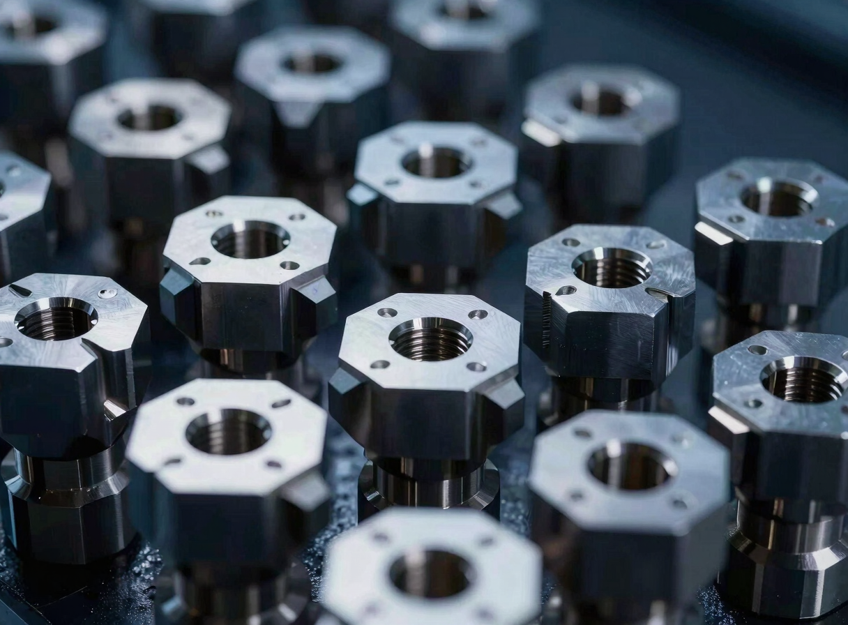CNC tool holder and precision collets arranged in a geometric pattern, silver steel surfaces, high-contrast industrial lighting