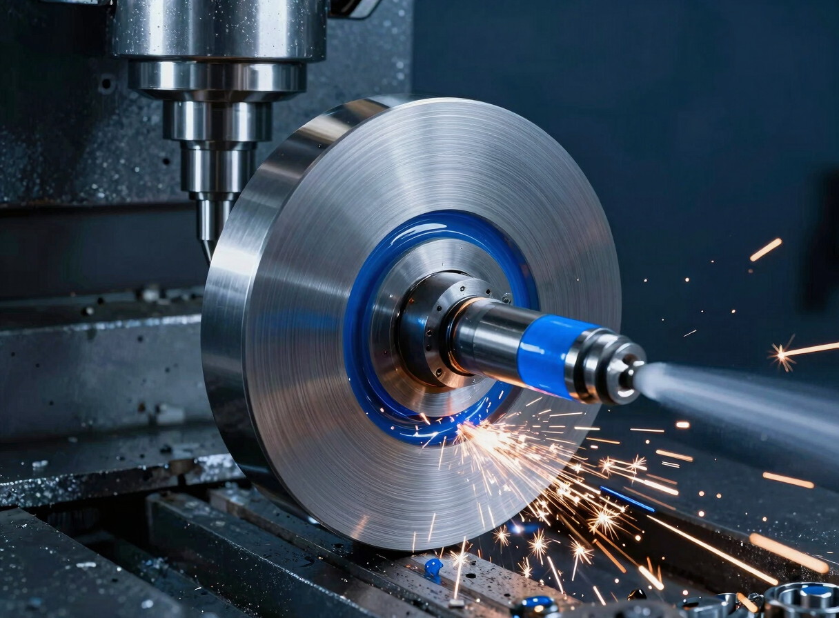 Industrial CNC tool grinding wheel in action with blue coolant spray, metallic sparks, precision machining environment