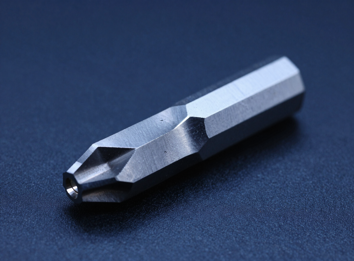 Custom profile carbide form tool, complex custom ground geometry, macro lens, sharp metallic edges, dark blue background