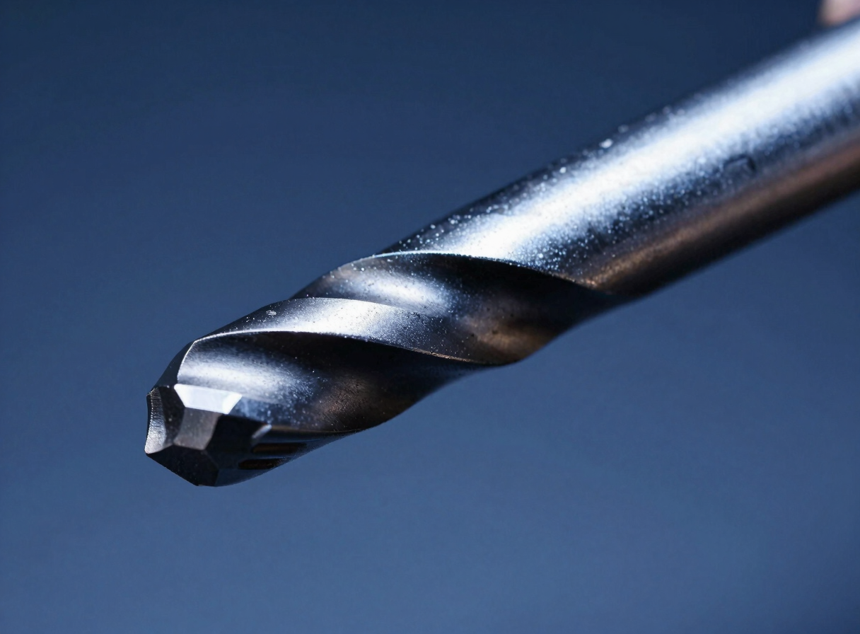 Extreme macro close-up of a solid carbide four-flute end mill, sharp silver cutting edge, metallic reflections under cool blue studio lighting